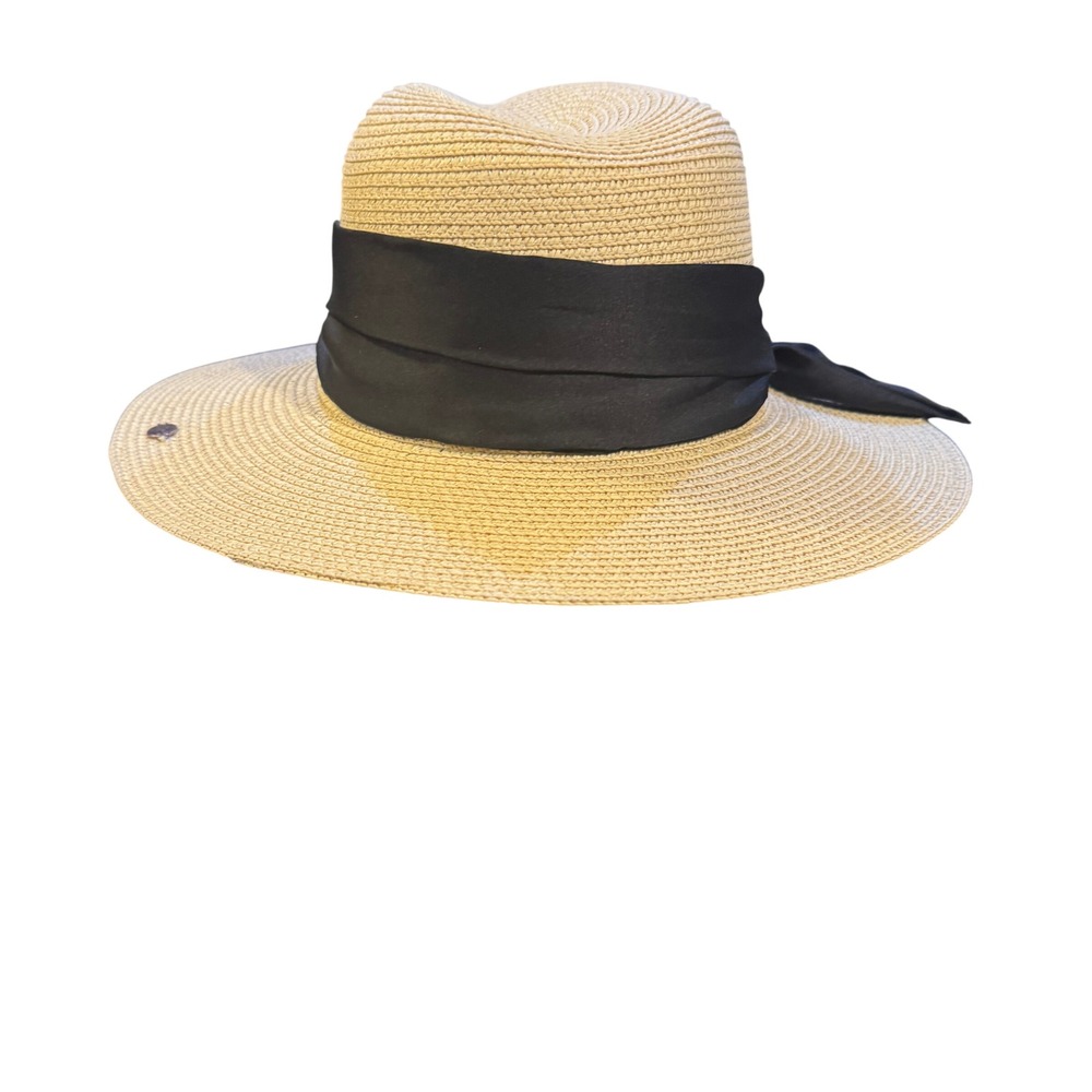 C.C. Tan Paper Straw Fedora Sun Hat Black Ribbon Bow Wide Brim UPF 50+